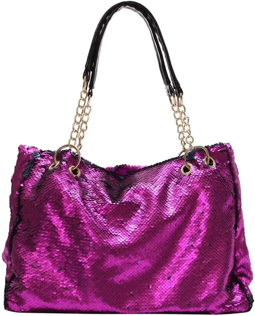 Women Patent Hobos Shiny Top-Handle Bags Chain Handbags Large Shoulder Bags for Ladies Sequin Purse