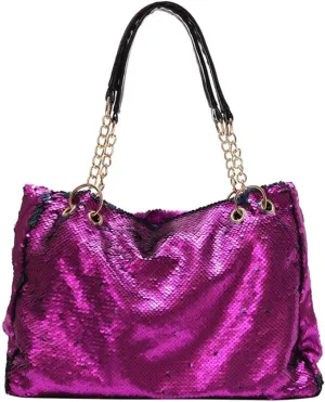 Women Patent Hobos Shiny Top-Handle Bags Chain Handbags Large Shoulder Bags for Ladies Sequin Purse