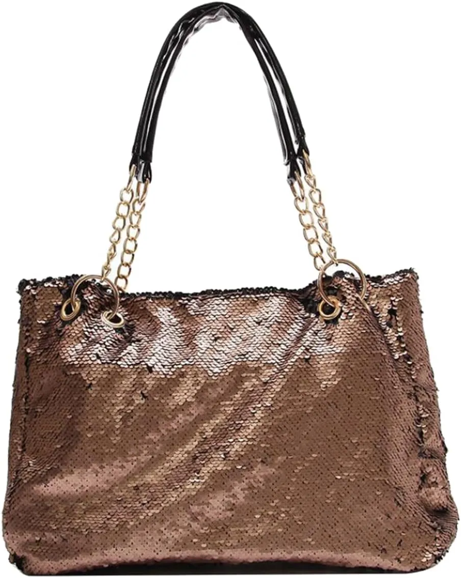 Women Patent Hobos Shiny Top-Handle Bags Chain Handbags Large Shoulder Bags for Ladies Sequin Purse