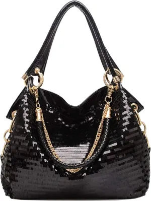 Women Patent Leather Chain Handbags Large Shoulder Bags for Ladies Sequin Purse