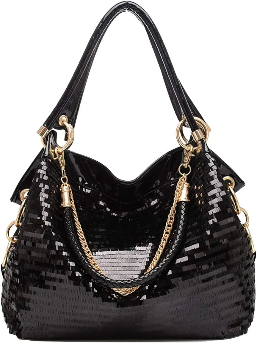 Women Patent Leather Chain Handbags Large Shoulder Bags for Ladies Sequin Purse