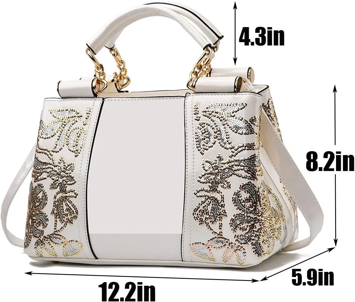 Women Patent Leather Fashion Handbags Double Sided Sequin Embroidery Shoulder Bag Top Handle Satchel Purse Black