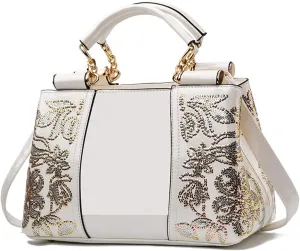 Women Patent Leather Fashion Handbags Double Sided Sequin Embroidery Shoulder Bag Top Handle Satchel Purse Black