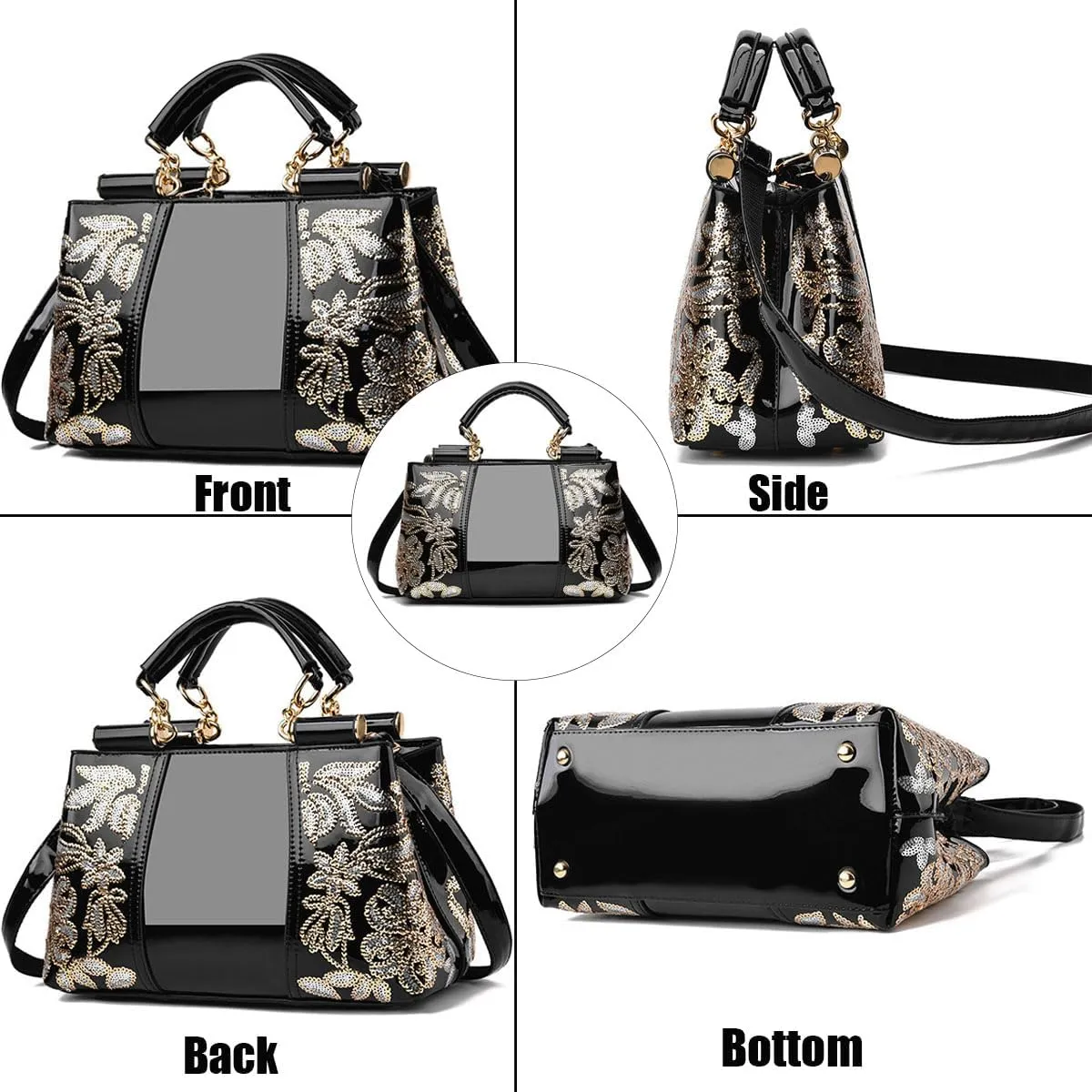 Women Patent Leather Fashion Handbags Double Sided Sequin Embroidery Shoulder Bag Top Handle Satchel Purse