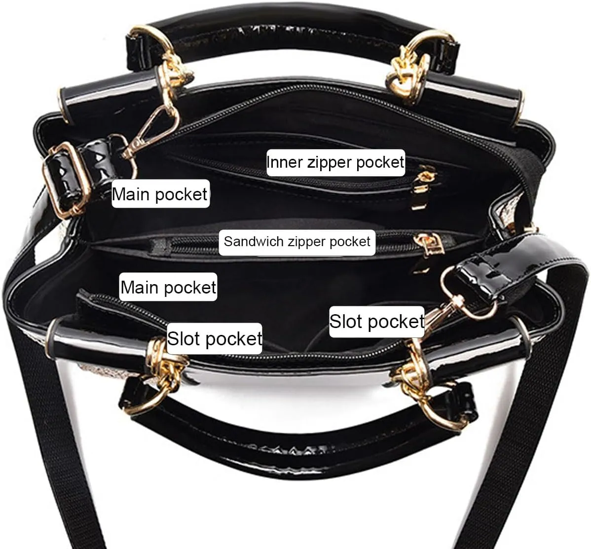 Women Patent Leather Fashion Handbags Double Sided Sequin Embroidery Shoulder Bag Top Handle Satchel Purse