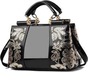 Women Patent Leather Fashion Handbags Double Sided Sequin Embroidery Shoulder Bag Top Handle Satchel Purse
