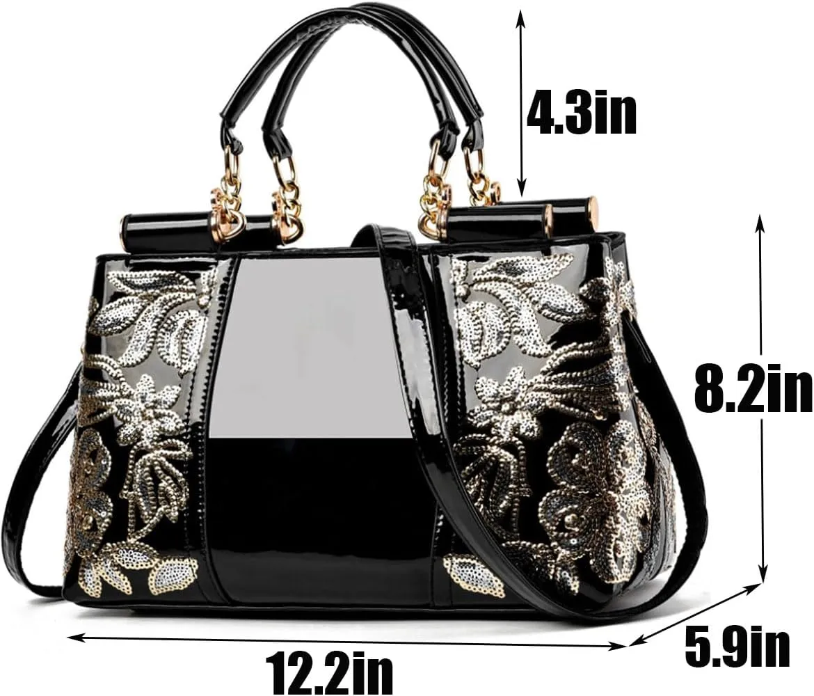 Women Patent Leather Fashion Handbags Double Sided Sequin Embroidery Shoulder Bag Top Handle Satchel Purse