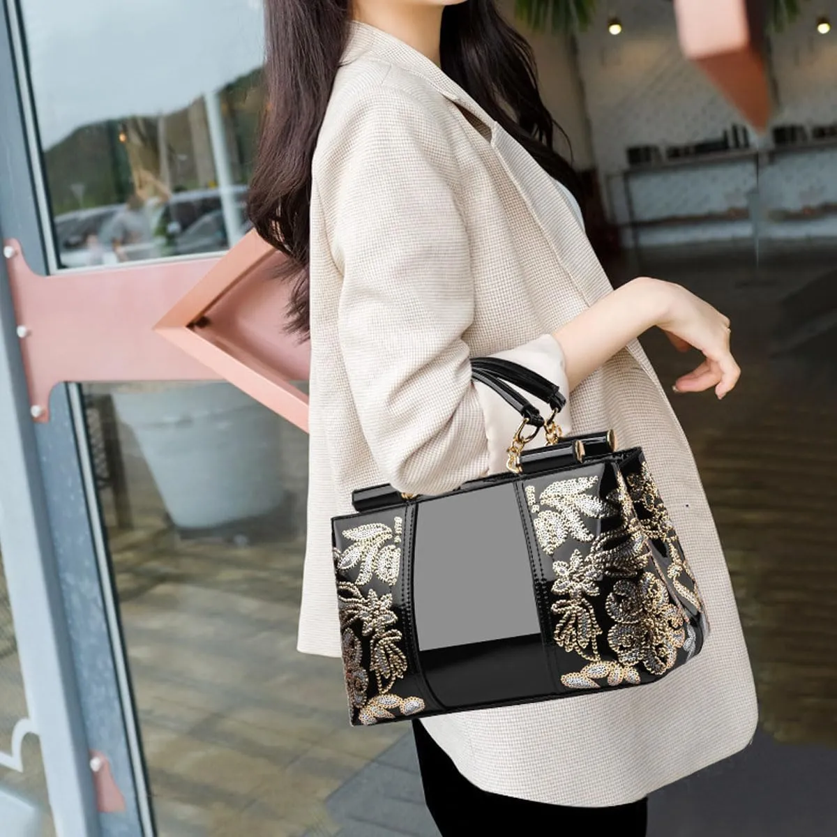 Women Patent Leather Fashion Handbags Double Sided Sequin Embroidery Shoulder Bag Top Handle Satchel Purse