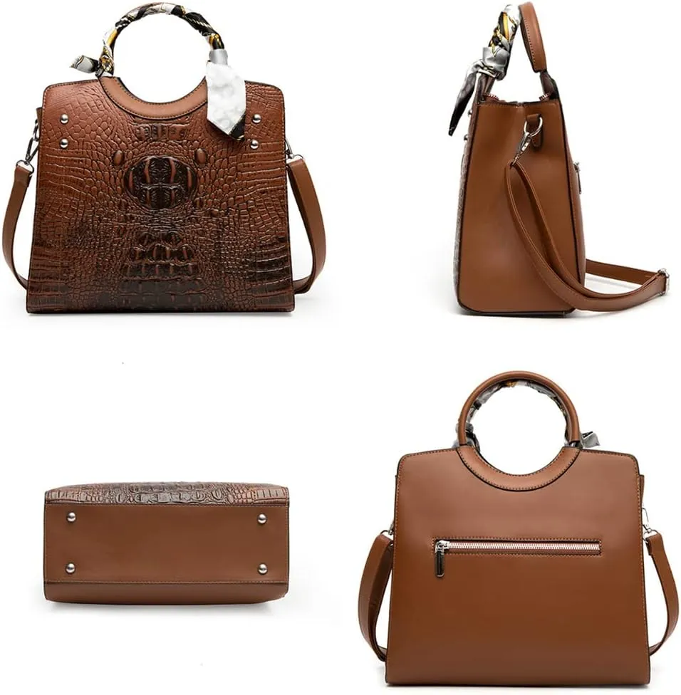 Women Retro Round Handle Bag Crocodile Pattern Shoulder Crossbody Bags 3pcs