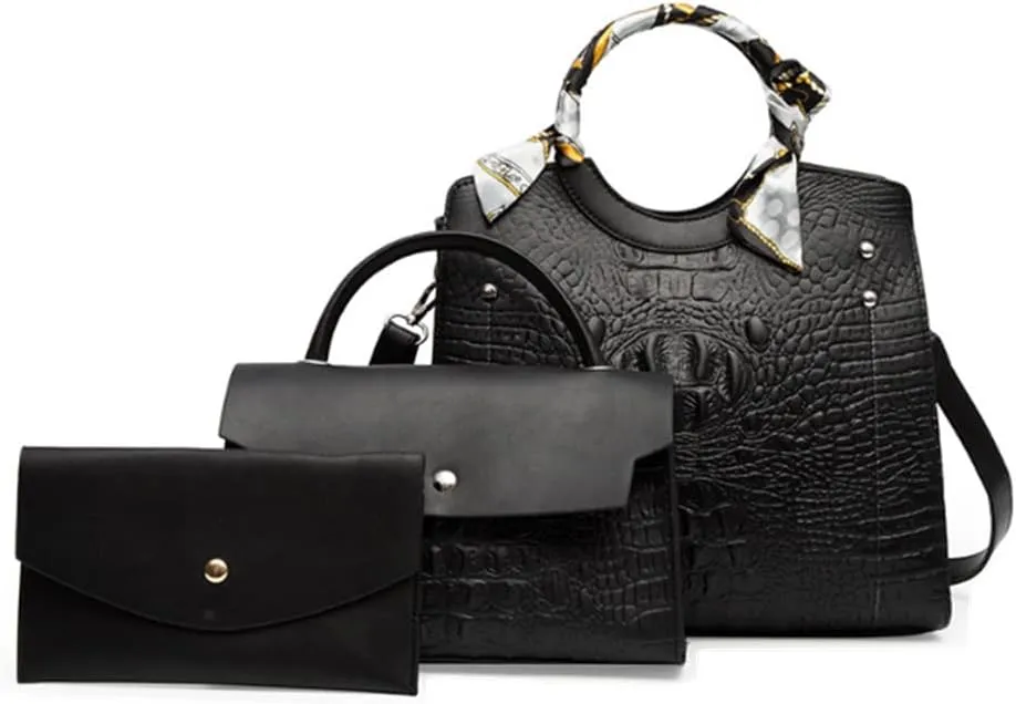 Women Retro Round Handle Bag Crocodile Pattern Shoulder Crossbody Bags 3pcs