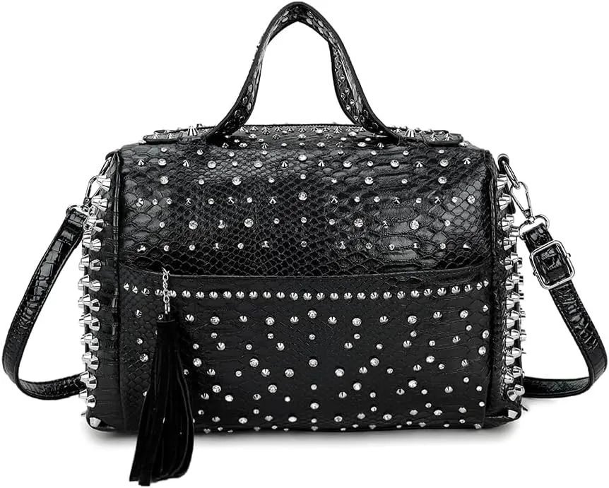 Women Rivets Boston Handbag Snake Print Patent Leather Shoulder Purse Travel Shopper Crossbody Satchel with Tassel