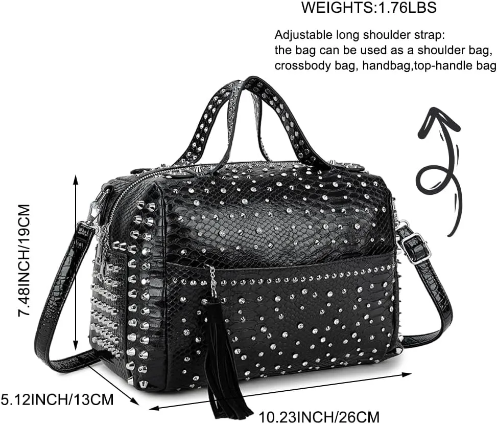 Women Rivets Boston Handbag Snake Print Patent Leather Shoulder Purse Travel Shopper Crossbody Satchel with Tassel