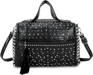 Women Rivets Boston Handbag Snake Print Patent Leather Shoulder Purse Travel Shopper Crossbody Satchel with Tassel