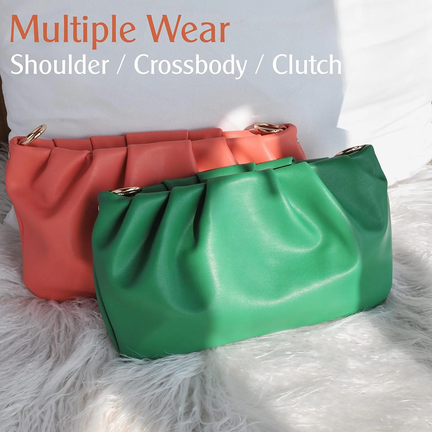 Women Ruched Shoulder Handbag Cloud Pouch Hobo Bag Convertible Clutch Soft Vegan Leather Cross body Bag