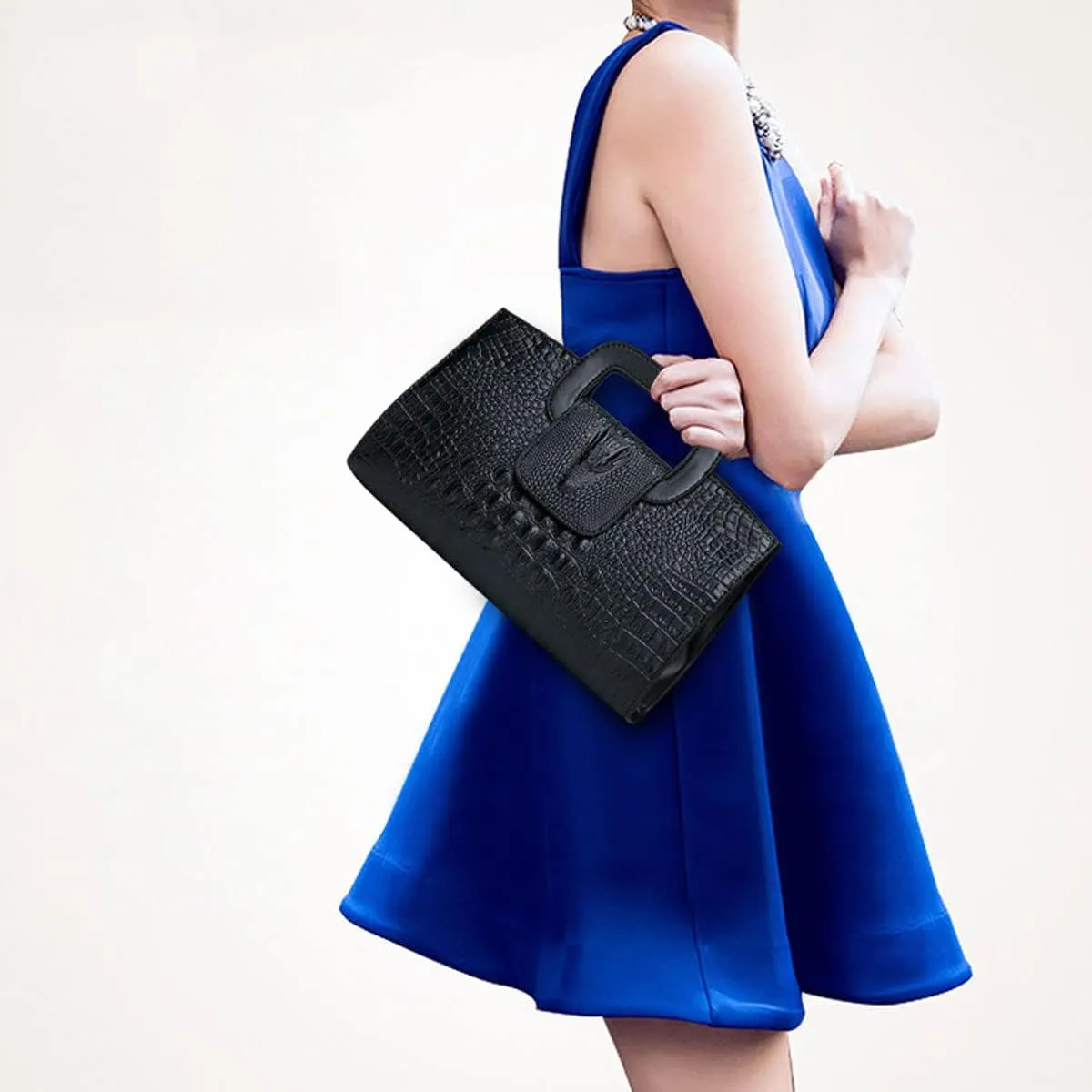 Women Satchel Handbag Crocodile Pattern Shoulder Bag Embossed Fuax Leather Purse Long Tote Top-Handle Bag