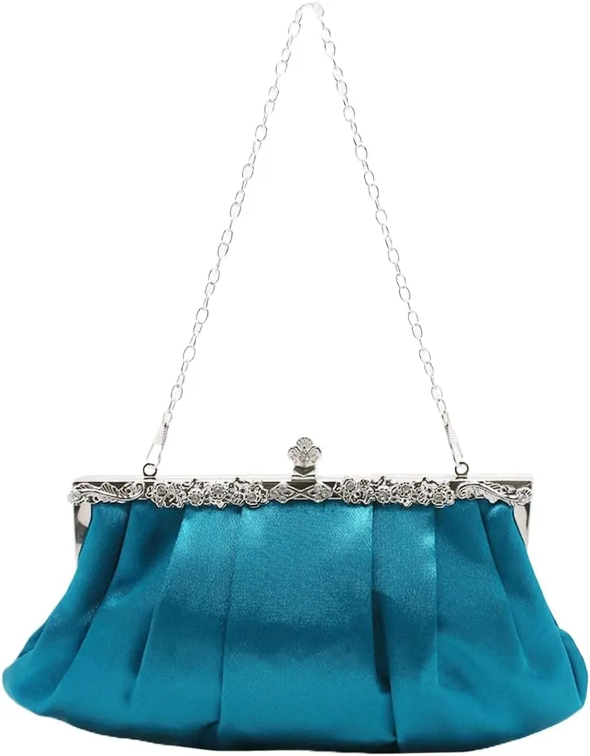 Women Satin Pleated Evening Purse Decoration Retro Clutch Elegant Palace Handbag for Party Prom Banquet Wedding