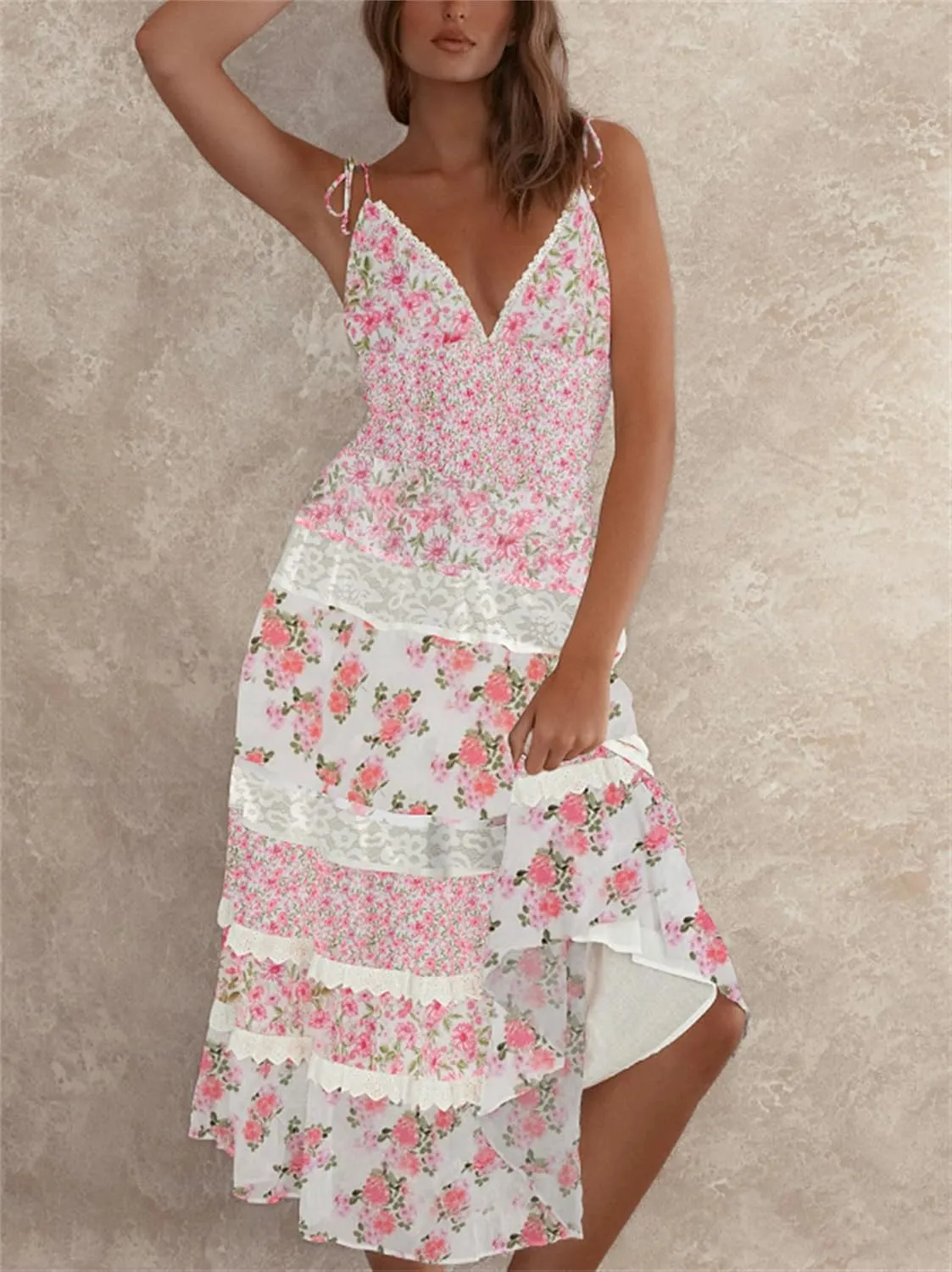Women Tie Shoulder Boho Floral Maxi Dress Y2k Smocked Flowy Lace Sundress Spaghetti Strap Summer Long Beach Dress