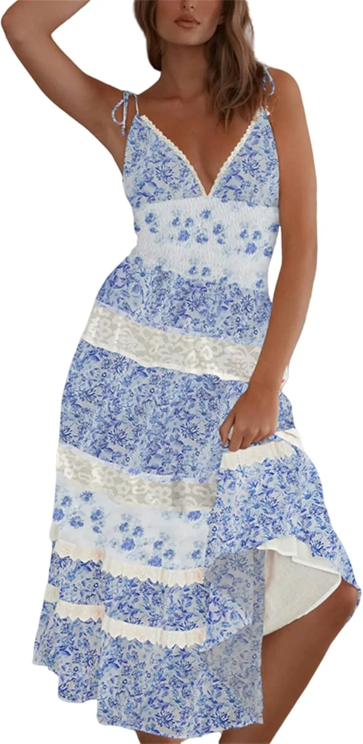 Women Tie Shoulder Boho Floral Maxi Dress Y2k Smocked Flowy Lace Sundress Spaghetti Strap Summer Long Beach Dress