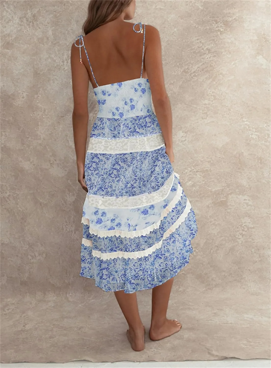 Women Tie Shoulder Boho Floral Maxi Dress Y2k Smocked Flowy Lace Sundress Spaghetti Strap Summer Long Beach Dress