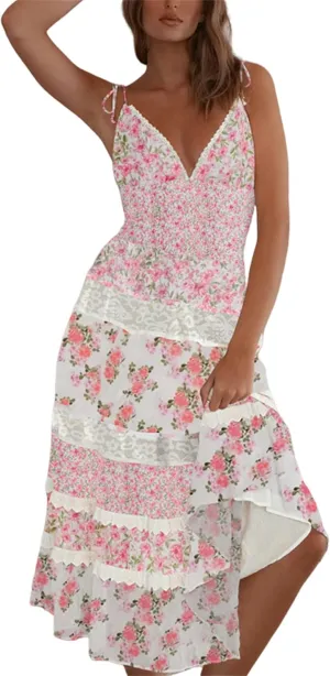 Women Tie Shoulder Boho Floral Maxi Dress Y2k Smocked Flowy Lace Sundress Spaghetti Strap Summer Long Beach Dress