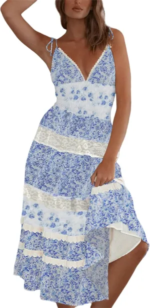 Women Tie Shoulder Boho Floral Maxi Dress Y2k Smocked Flowy Lace Sundress Spaghetti Strap Summer Long Beach Dress