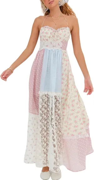 Women Tie Shoulder Boho Floral Maxi Dress Y2k Smocked Flowy Lace Sundress Spaghetti Strap Summer Long Beach Dress