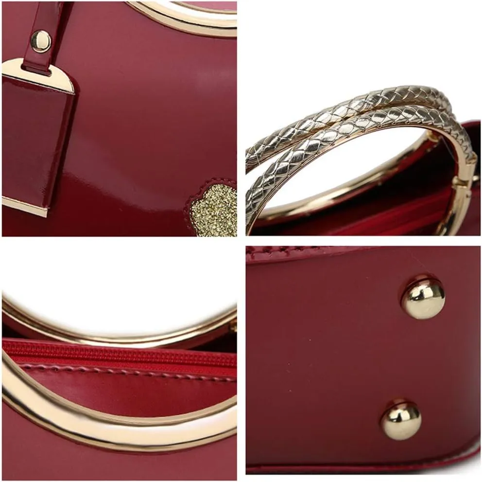 Women Tote, Patent Leather Handbag, Elegant Top Handle Bag Flower Embroidery Satchel