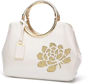 Women Tote, Patent Leather Handbag, Elegant Top Handle Bag Flower Embroidery Satchel