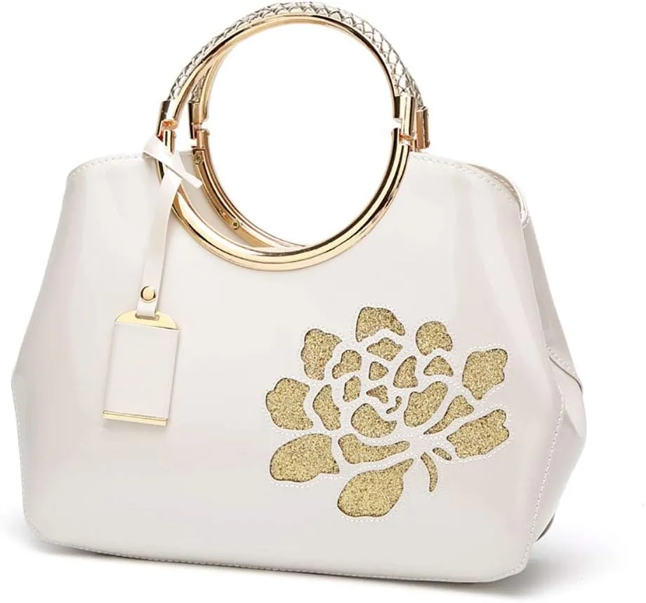 Women Tote, Patent Leather Handbag, Elegant Top Handle Bag Flower Embroidery Satchel