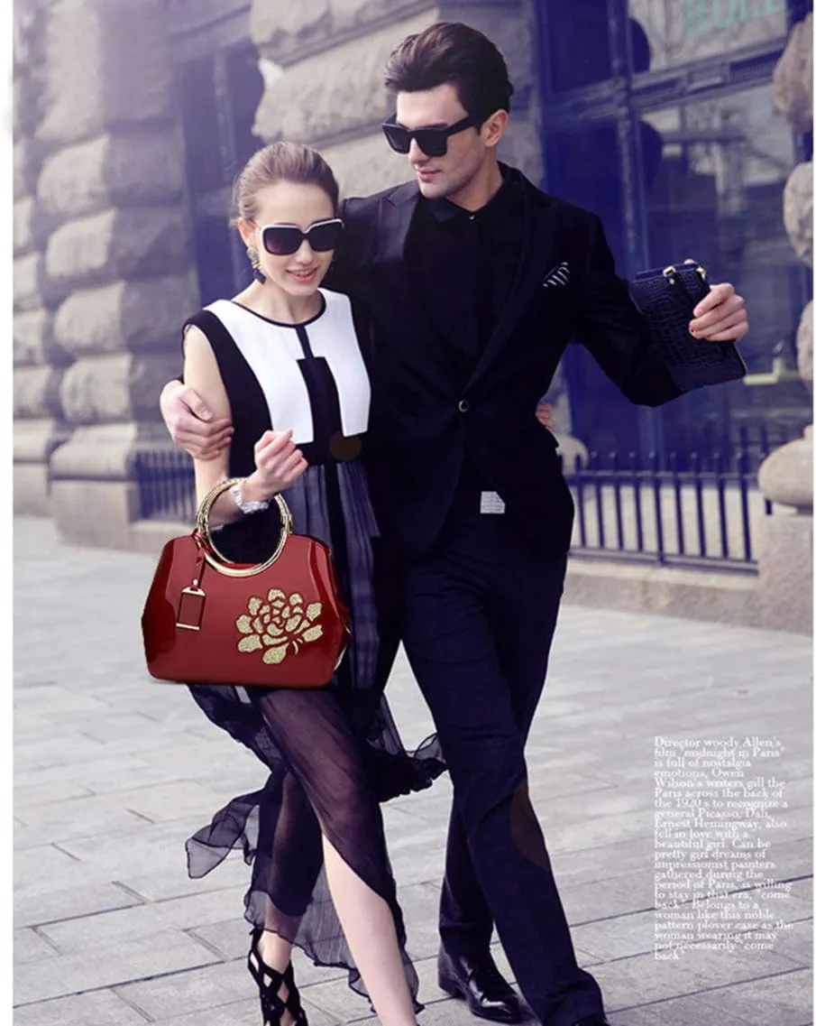 Women Tote, Patent Leather Handbag, Elegant Top Handle Bag Flower Embroidery Satchel