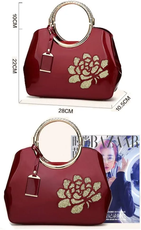 Women Tote, Patent Leather Handbag, Elegant Top Handle Bag Flower Embroidery Satchel