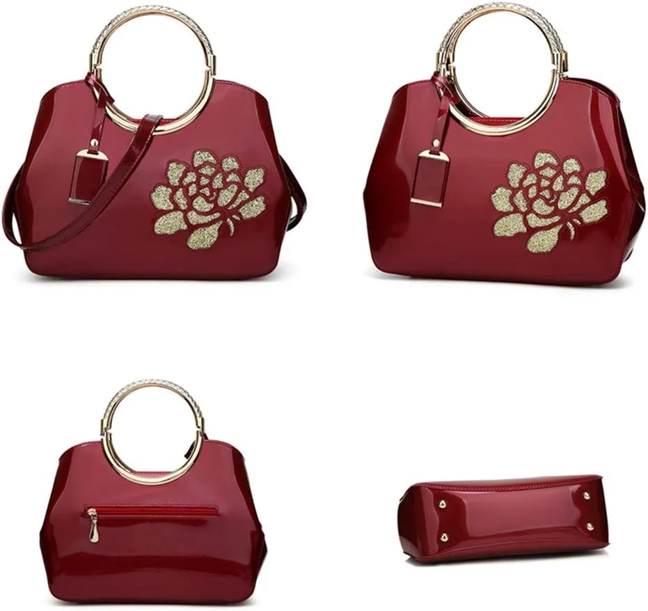 Women Tote, Patent Leather Handbag, Elegant Top Handle Bag Flower Embroidery Satchel