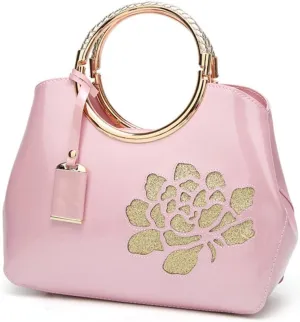 Women Tote, Patent Leather Handbag, Elegant Top Handle Bag Flower Embroidery Satchel