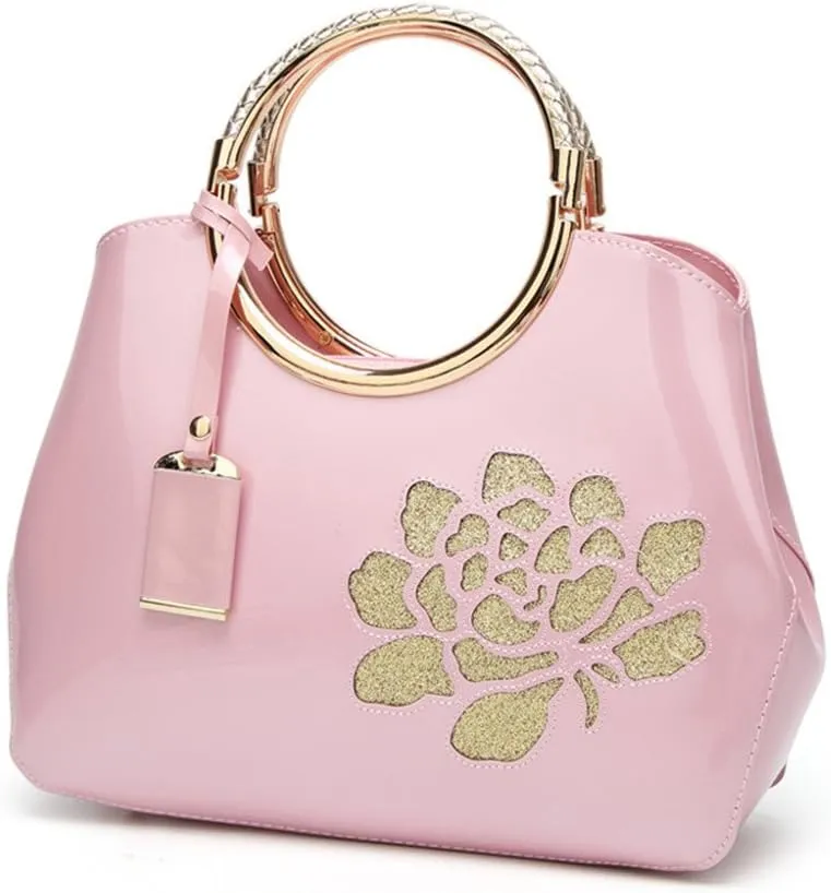 Women Tote, Patent Leather Handbag, Elegant Top Handle Bag Flower Embroidery Satchel