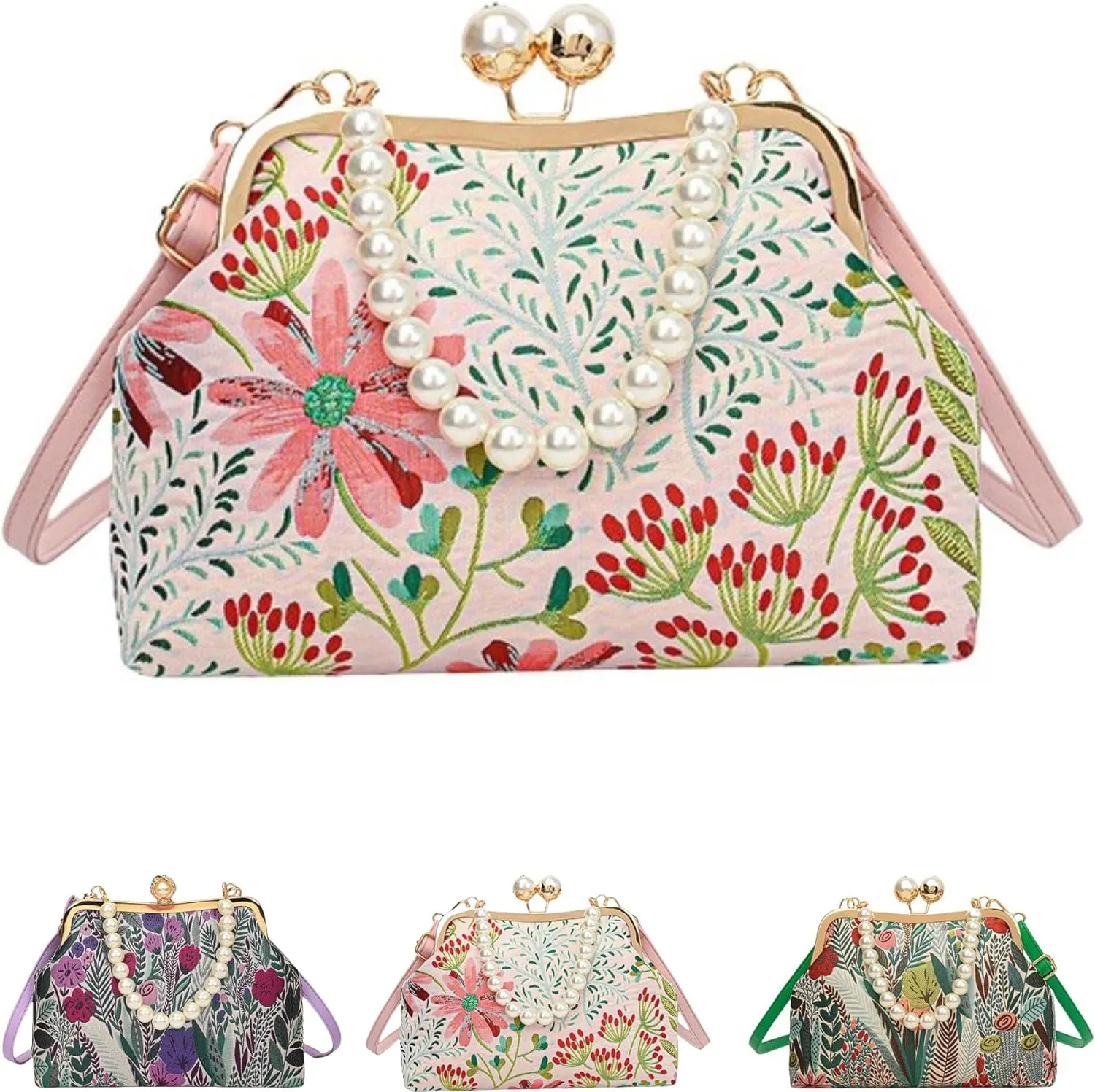 Women Vintage Flower Embroidery Handbag,Shoulder Chain Messenger Clutch,Embroidery Purse Small Pearl Crossbody Bag