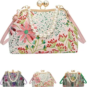 Women Vintage Flower Embroidery Handbag,Shoulder Chain Messenger Clutch,Embroidery Purse Small Pearl Crossbody Bag