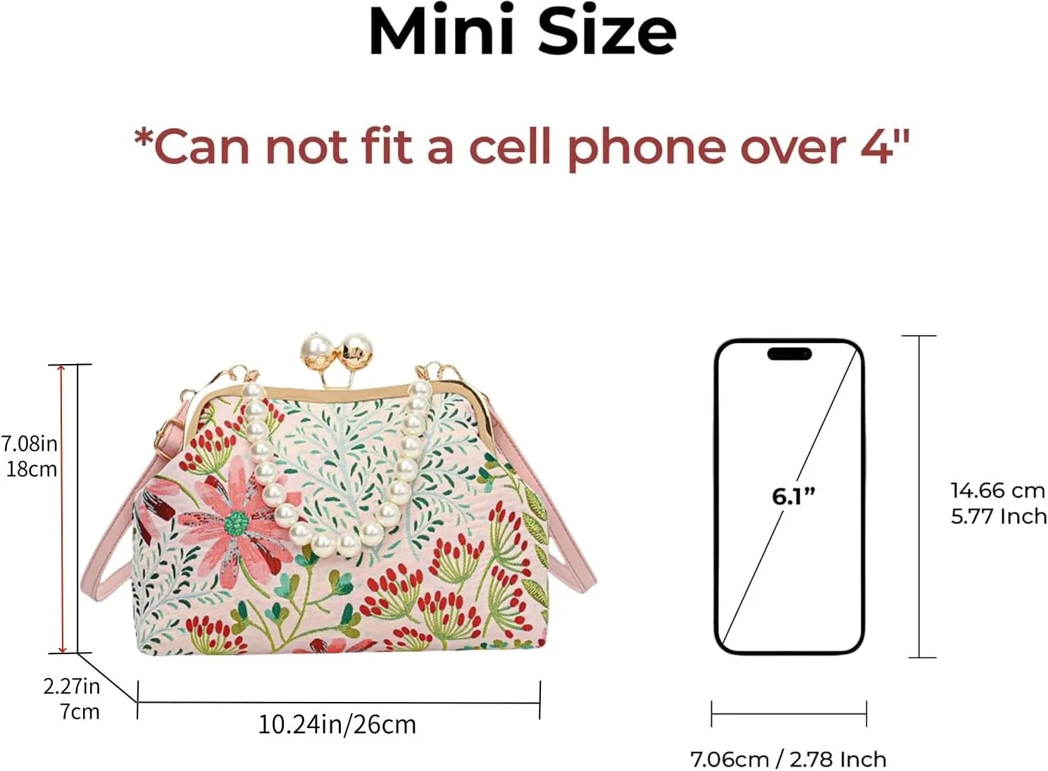 Women Vintage Flower Embroidery Handbag,Shoulder Chain Messenger Clutch,Embroidery Purse Small Pearl Crossbody Bag