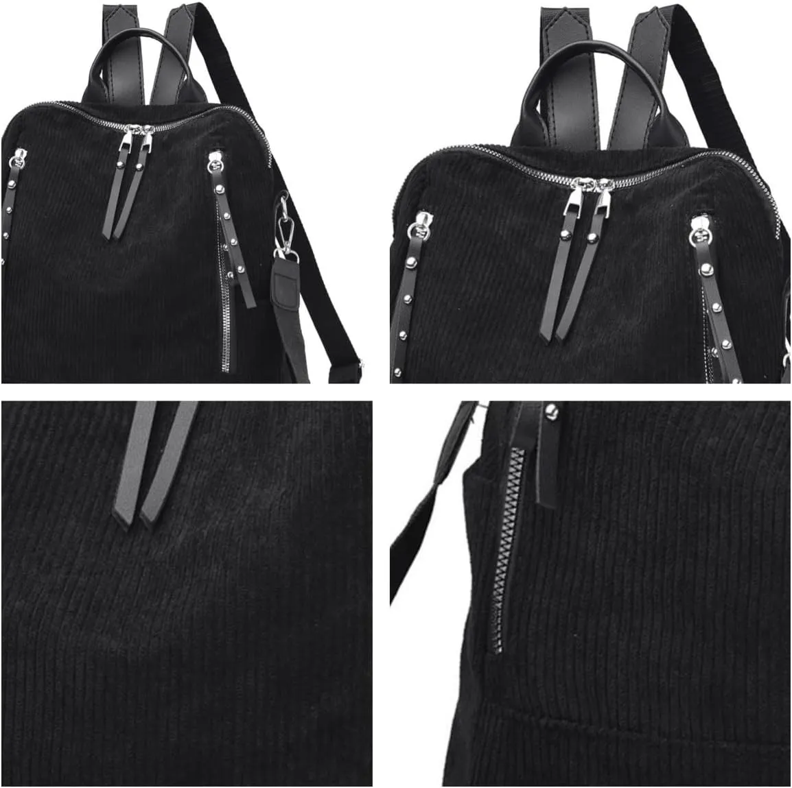 Womens Corduroy Casual Backpack Purse Convertible Travel Shoulder Bag with Wristlet Corduroy Wallet Handbag,Black