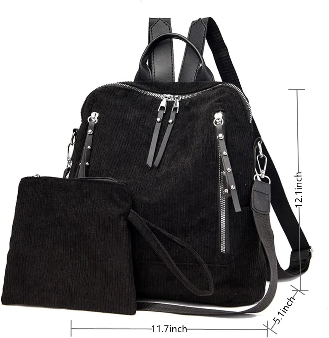Womens Corduroy Casual Backpack Purse Convertible Travel Shoulder Bag with Wristlet Corduroy Wallet Handbag,Black