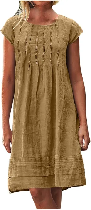 Women's Cotton Linen Summer Dresses 2024 Sleeveless Pleated Dress Casual Knee Length Dress Comfy Summer Lounge Outfits