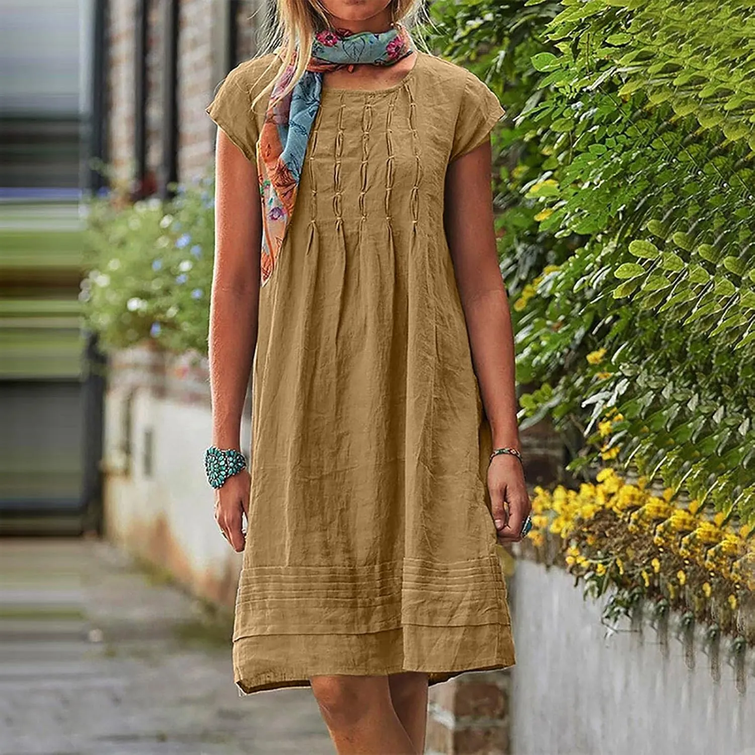 Women's Cotton Linen Summer Dresses 2024 Sleeveless Pleated Dress Casual Knee Length Dress Comfy Summer Lounge Outfits