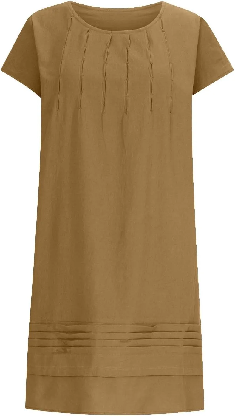 Women's Cotton Linen Summer Dresses 2024 Sleeveless Pleated Dress Casual Knee Length Dress Comfy Summer Lounge Outfits