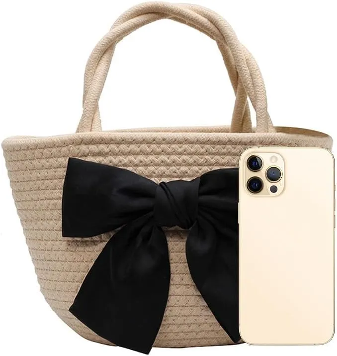Women’s Cotton Tote Bags Handmade Tote Handbags with Bow Twisted Handles Summer Beach Bag Travel Shopping Handbag