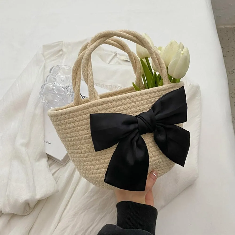 Women’s Cotton Tote Bags Handmade Tote Handbags with Bow Twisted Handles Summer Beach Bag Travel Shopping Handbag