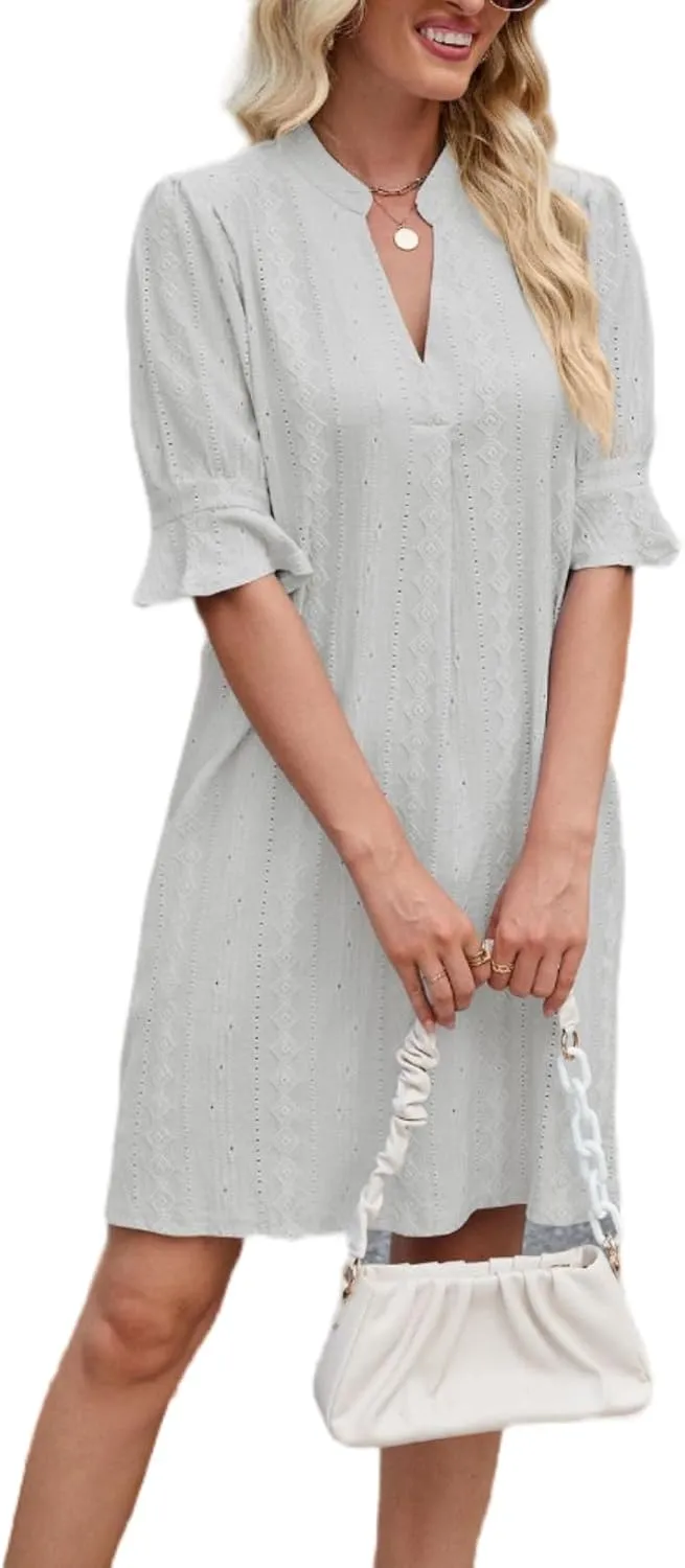 Women's Elegant Dresses, Bell Sleeves Solid Color Dress Lightweight Casual, Five Quarter Sleeve V Neck Loose Gowns