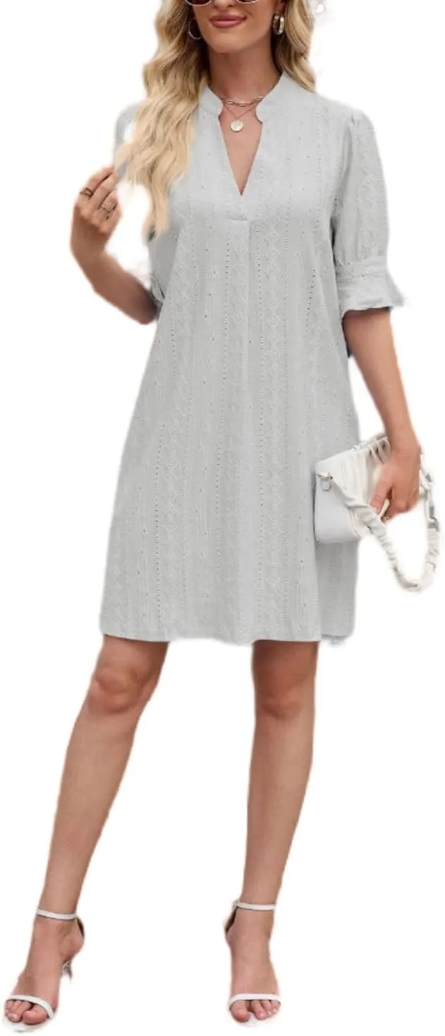 Women's Elegant Dresses, Bell Sleeves Solid Color Dress Lightweight Casual, Five Quarter Sleeve V Neck Loose Gowns