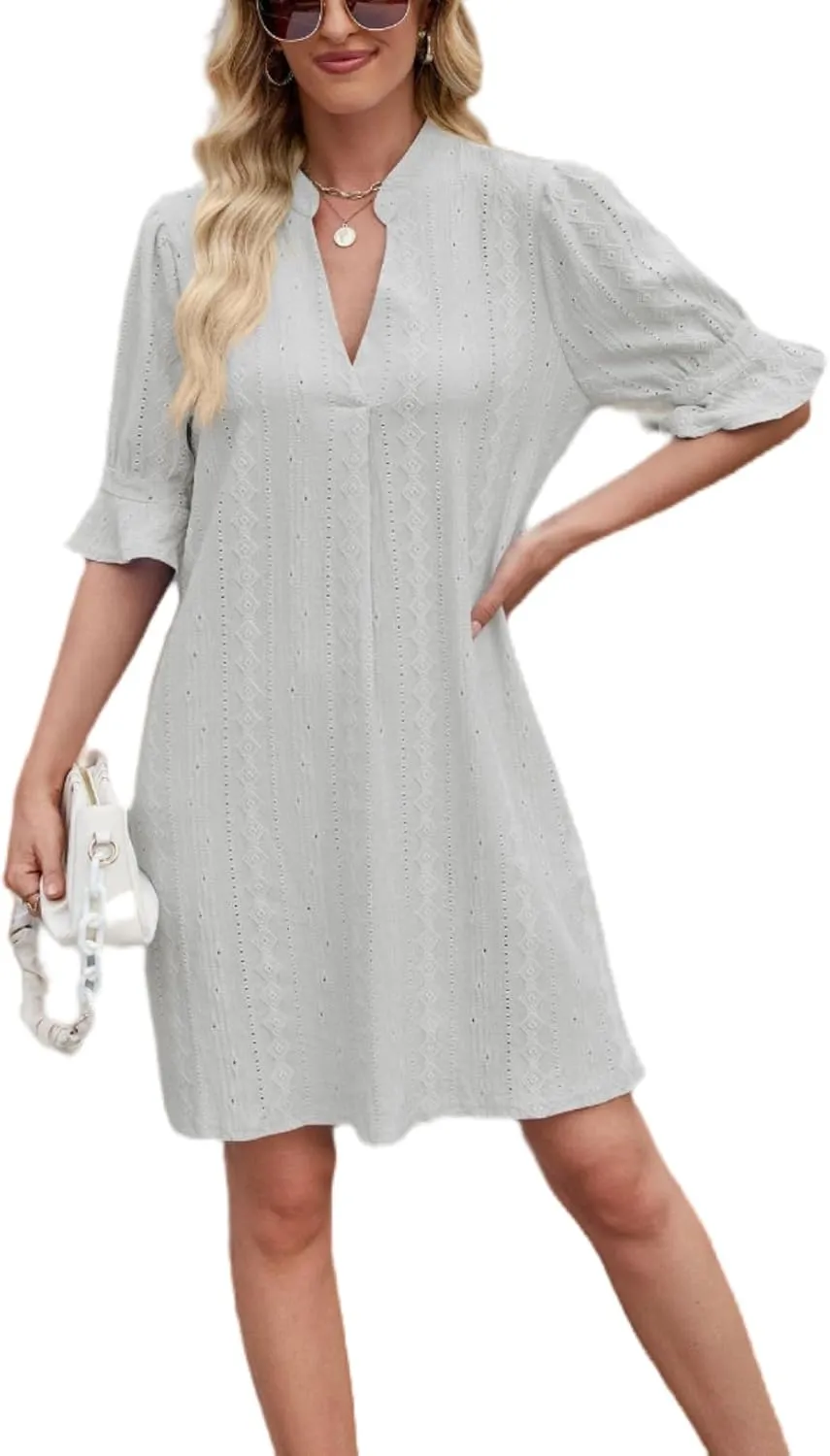 Women's Elegant Dresses, Bell Sleeves Solid Color Dress Lightweight Casual, Five Quarter Sleeve V Neck Loose Gowns