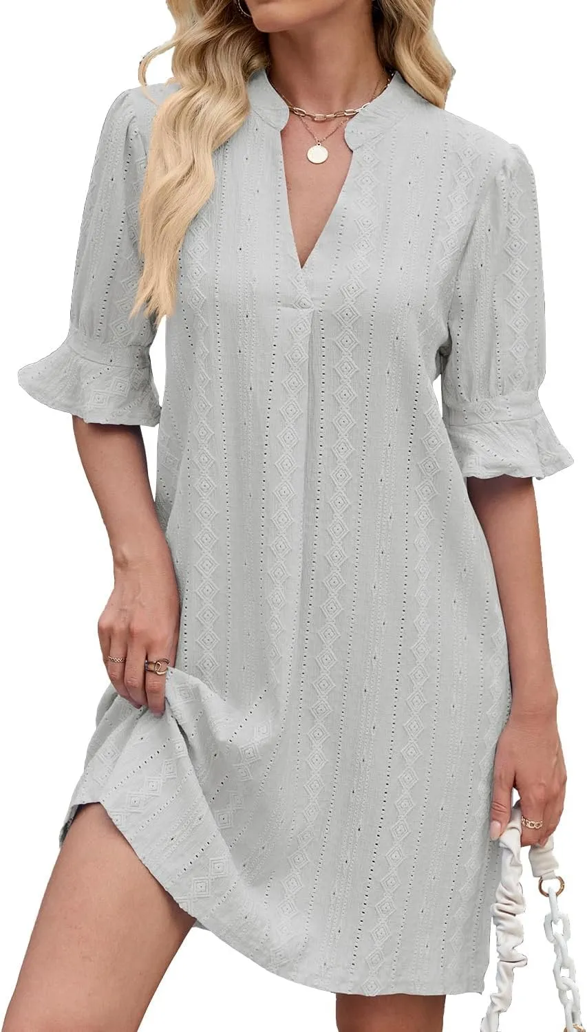 Women's Elegant Dresses, Bell Sleeves Solid Color Dress Lightweight Casual, Five Quarter Sleeve V Neck Loose Gowns