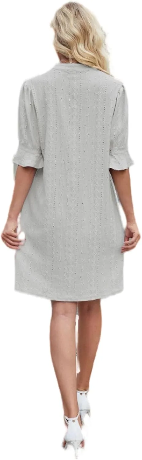 Women's Elegant Dresses, Bell Sleeves Solid Color Dress Lightweight Casual, Five Quarter Sleeve V Neck Loose Gowns