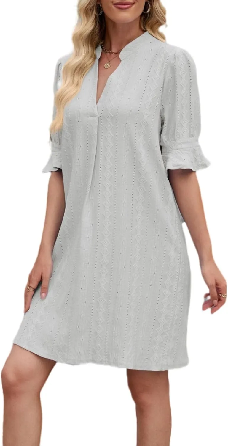Women's Elegant Dresses, Bell Sleeves Solid Color Dress Lightweight Casual, Five Quarter Sleeve V Neck Loose Gowns